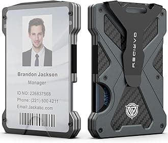 Minimalist Wallet for Men- Slim Aluminum Metal Money Clip Wallet with Clear ID Card Holder, Carbon Fiber Wallet, RFID Blocking,Holds up 15 Cards with Cash Clip,Ultra-Thin Tactical Wallet - Dark Grey