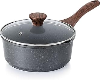 Nonstick Sauce Pan with Double Spout, 3.0 Quarts Swiss Granite Coating Sauce Pot with Lid Medium Kitchen Cooking Pot, Induction Comptable Saucepan, Free of Intentionally Added PFOA