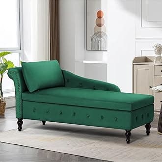 Upholstered Chaise Lounge with Left Armrest & Lumbar Pillow,Button Tufted Lounge Sofa with Storage,Lounge Chair Indoor,Modern Velvet Lounge Chair for Bedroom, Living Room and Office,Green