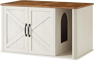 Litter Box Enclosure, Modern Cat Litter Box Furniture Hidden, Front Entry, Double Doors, Handles, Cat House, Side End Table, 33.5 x 19 x 19.5 Inches, Honey Brown and Rustic White UPCL012K01