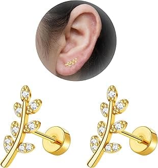 Enticera 20G Cartilage Earrings for Women 14K Gold Stainless Steel Flat Back Cartilage Stud Earrings for Sensitive Ear Leaf Opal CZ Handmade Helix Conch Piercing Jewelry Gold Leaf