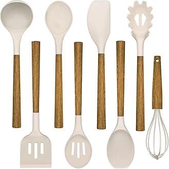 Umite Chef Silicone Cooking Utensil Set, 8-Piece Kitchen Utensils Set with Natural Acacia Wooden Handles, Silicone Heads - Khaki