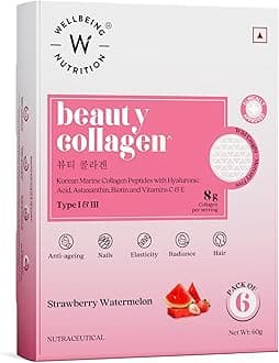 Beauty Korean Marine Collagen|Type 1 & 3 Peptides, Hyaluronic Acid, Astaxanthin, Biotin, Vit C|Hydration, Elasticity, Hair Growth|Strawberry Watermelon 6 Sachets, 1 count, 48 grams