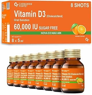 Carbamide Forte Vitamin D3 60000iu Shots | Vitamin D3 60000 iu Sugar Free Oral Solution| Vitamin D 3 60K Supplement for Men & Women – 5ml Orange Flavour (Pack of 8)