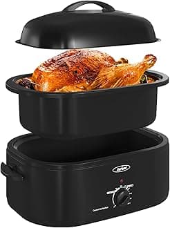 Royalcraft Roaster Oven with Self-Basting Lid, 18qt Electric Roaster with Removable Pan & Rack, Turkey Roaster Oven with Defrost & Warm Function, Stainless Steel, Black