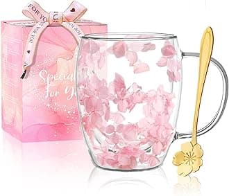 Gifts for Women Dried Flowers Double Wall Glass Coffee Mugs Cute Glass Tea Cups with Handles Autumn Mug Christmas Birthday Gifts for Best Friend Teacher Mum Gift New Home Gift Ideas Home Decor