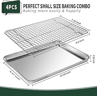 CEKEE 4 PCs Small Baking Sheet with Wire Rack Set [2 Baking Pans + 2 Cooling Racks], 10 Inch Stainless Steel Small Baking Tray with Rack Set - Rust & Warp Resistant & Easy Clean Baking Pan with Rack