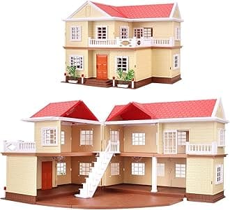 Family Cozy Cabin Doll House Playset, Dollhouse Furniture and Accessories,DIY Cottage Pretend Play Dollhouses, for Toddlers, Boys & Girls