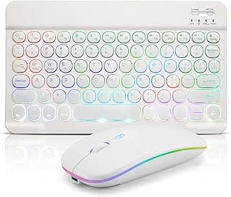 Ultra-Slim Lightweight Bluetooth Keyboard and Mouse Portable Mini Wireless Keyboard Rechargeable 7-Color Backlit for Apple iPad iPhone,Tablet iPhone Smartphone iOS Android Windows,Round Keys White