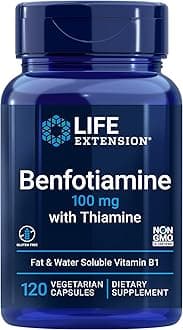 Life Extension Benfotiamine with Thiamine, Healthy Blood Sugar Metabolism Support, 100 mg benfotiamine, Cardiovascular Health, Brain Health, Non-GMO, Gluten-Free, 120 Vegetarian Capsules
