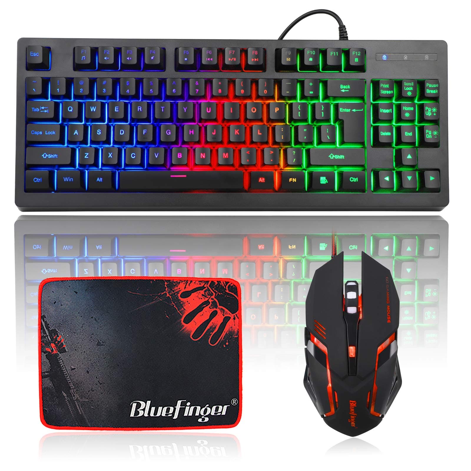 - BlueFinger RGB 87 Keys Gaming Keyboard and Backlit Mouse Combo, USB Wired Rainbow Keyboard,Gaming Keyboard Set for Laptop PC Computer Game and Work