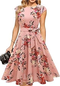 DRESTELLS Women's Formal Cocktail Floral Dress - Summer/Wedding/Graduation/Vintage Party Dresses in Blush Flower M