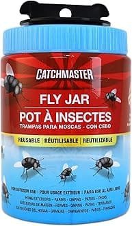 Catchmaster Reusable Trap Fly Jar - 4 Count, Ready to Use Outdoors. Flying Insect BugTrap, Water Soluble Attract Attractant Scent. Blowfly Trap Captures Hundreds of Common Files - Made in The USA