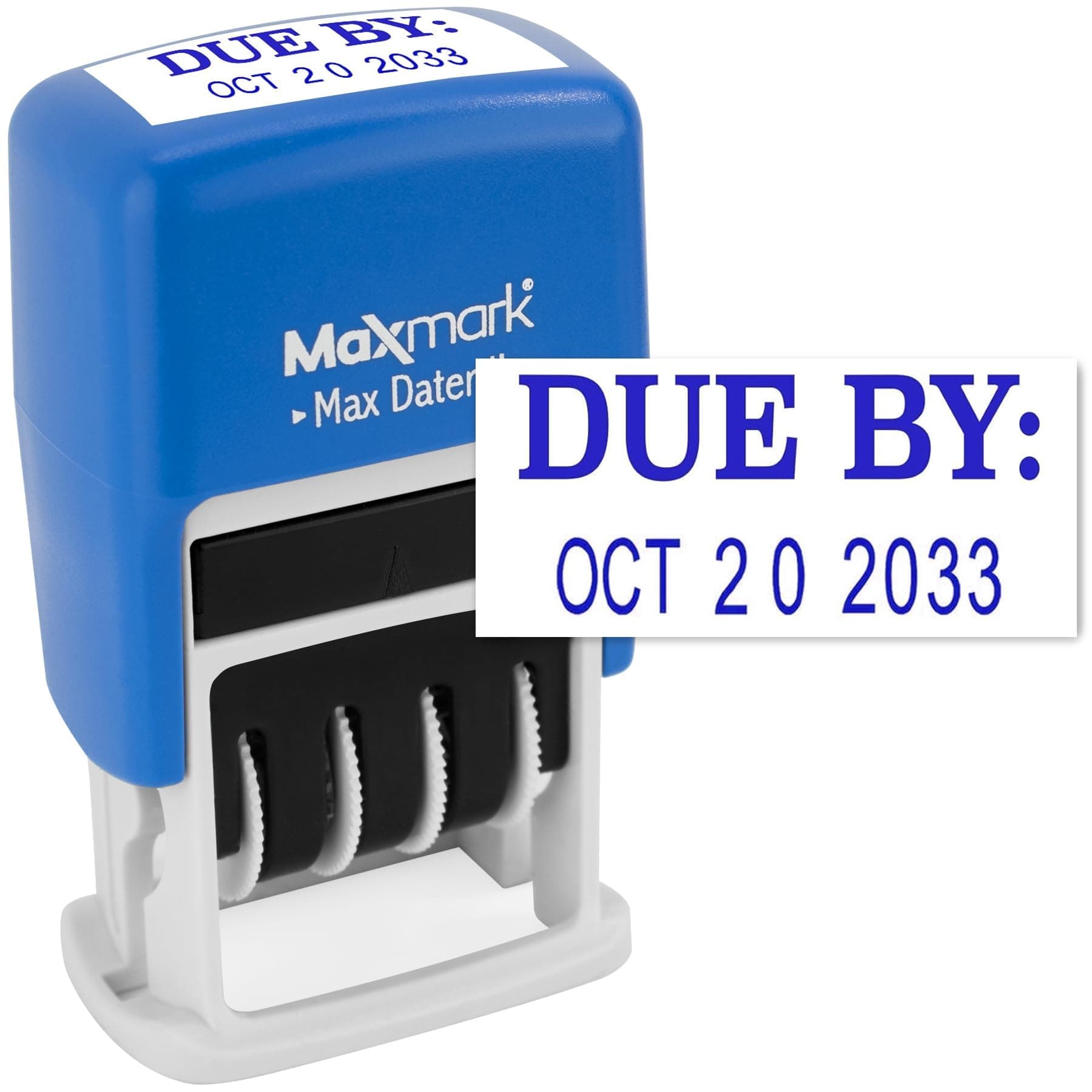 MaxMark Self-Inking Rubber Date Office Stamp with Due by Phrase & Date - Blue Ink (Max Dater II), 12-Year Band