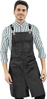 Under NY Sky Cross-Back Black Apron – Chrome Hardware, Coated Twill, Leather Reinforcement, Split-Leg – Adjustable for Men, Women, Pro Barber, Tattoo, Hair Stylist, Barista, Bartender, Server Aprons
