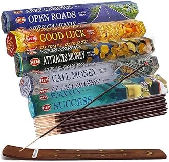 Hem Incense Sticks Variety Pack #5 and Incense Stick Holder Bundle with 5 Money and Success Themed Fragrances