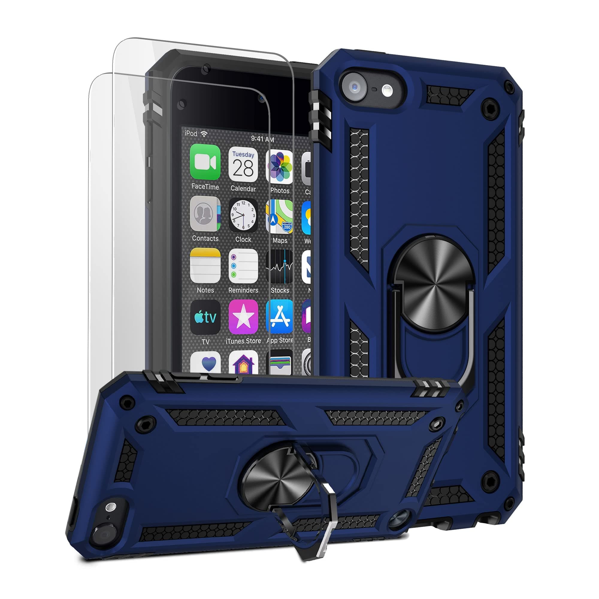 Compatible with iPod Touch 7/6/5 Case with 2 HD Screen Protectors, Hybrid Rugged Shockproof Cover with Built-in Kickstand for iTouch 5th/6th/7th Generation (Blue)