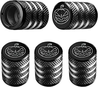 Tire Valve Stem Cap Cover - (5 Pack) Tire Air Cap Metal with Plastic Liner Corrosion Resistant Leak-Proof Halloween Pumpkin Car Decoration Accessories Black