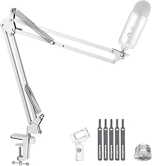 Boom Arm Microphone Mic Stand for Blue Yeti HyperX QuadCast SoloCast Snowball Fifine Shure SM7B and other Mic, Medium, White