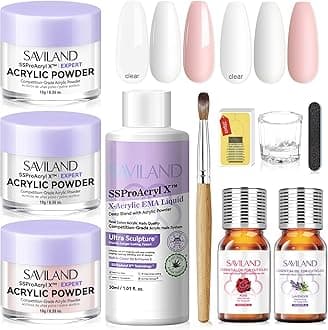 Acrylic Nail Kit for Beginners: White Pink Clear Acrylic Powder and Liquid Set with EMA Acrylic Liquid Monomer Nail Brush Forms Tools and Cuticle Essentials Oil for Nails Home Manicure DIY