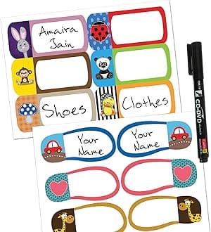 Kids Essentials Name Label Kit with Shoe Labels – Writable Waterproof Name Label Stickers for School Supplies | Customised Name Stickers for Kids | Waterproof Labels