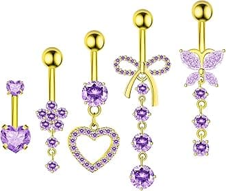 Belly Button Ring Dangle Navel Belly Piercing Jewelry Cute Pink CZ Heart Butterfly Bow Flower Navel Belly Rings for Women 14G Silver Stainless Steel Dainty Dangly Dangling Belly Button Piercing