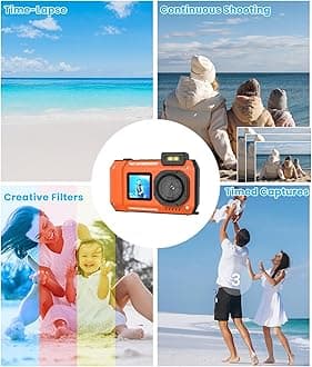33FT Underwater Camera, 4K 65MP Waterproof, Rugged Dustproof Shockproof, Autofocus Selfie Dual-Screen, Snorkeling Diving Sport, Floatable Digital Camera with 64G SD Card (Orange)