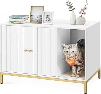 FEANDREA Litter Box Enclosure, Modern Cat Litter Box Furniture Hidden, with Scratching Mat, Tall Legs, Cat House for Indoor Cats, Side End Table, 31.5 x 19.7 x 21.7 Inches, White and Gold UPCL007W01