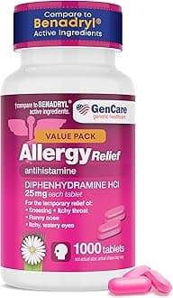 GenCare Allergy Relief Medicine – Bulk Value 1000 Count Diphenhydramine 25mg – Antihistamines for Adults for Congestion, Sneezing, Runny Nose, Itchy Eyes & Throat – Pink