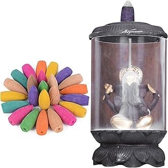 SIGNAMIO Resin Back Flow Incense Holder Glass Ganesha Incense Burner With 30 Back Flow Incense Cones-For Pooja,Meditation,Prayer,Aromatherapy Ornament Home Decor-1-Pcs/30 Cones-D-302, Black