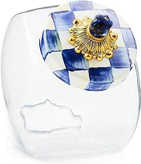 Cookie Jar with Enamel Lid, Large Glass Treat Jar or Kitchen Jar, 1-Gallon Capacity, Blue-and-White Royal Check