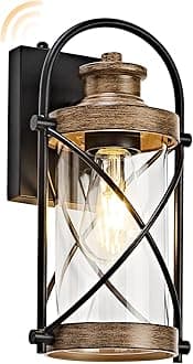 OKELI Dusk to Dawn Outdoor Wall Lights Fixtures, Waterproof Exterior Lighting Fixtures with Photocell Sensor,Vintage Faux Wood Grain Metal Cage Lantern Outside Lights for Porch Patio House Garage