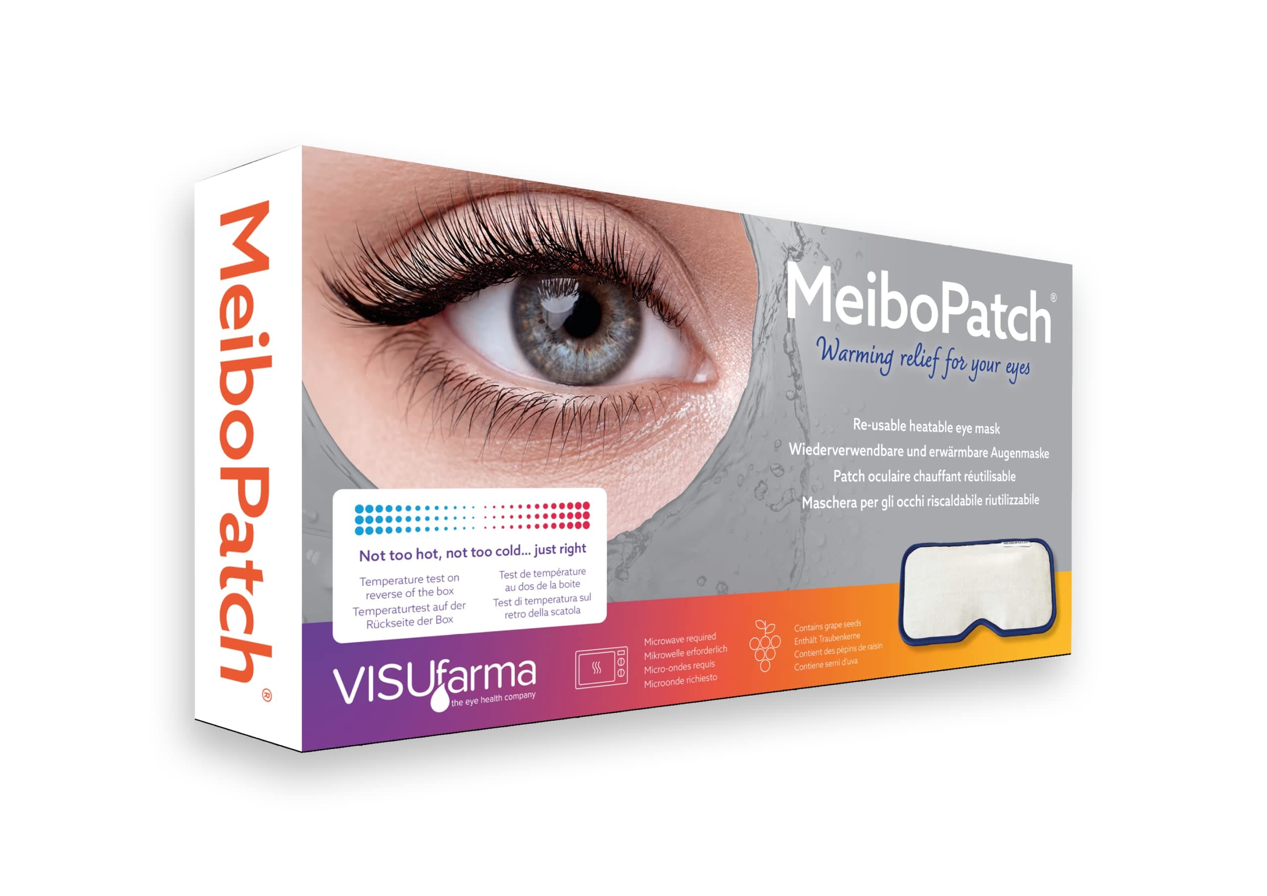 re-usable heatable eye mask with temperature test strip …