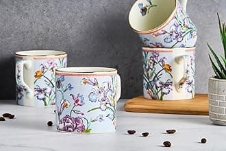 GOLDEN QUEEN'S Handcrafted Tea Cups - Set of 6 | Ideal for Everyday Tea and Coffee, Enhancing Your Daily Rituals - Blue Floral Songbird Cups