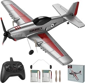 SIMREX RC Plane for Kids - 2.4GHz 3-Channel Remote Control Airplane Toy with 6-Axis Gyro, 2 Speeds, 2 Batteries, P51 RC Airplane, Foam Glider - Gift for Boys & Girls