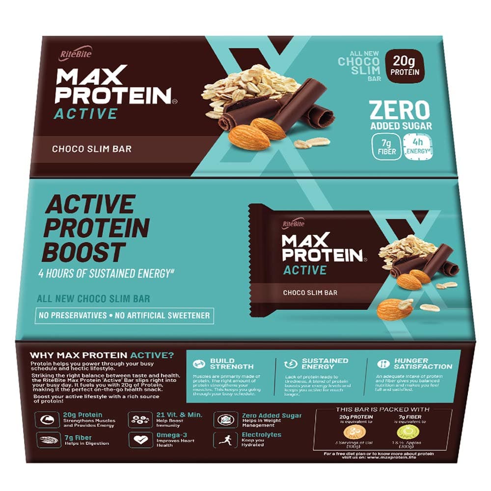 RiteBite Max Protein Active Choco Slim 20g Protein Bar [Pack of 12] Protein Blend, Fiber, Vitamins & Minerals, No Preservatives, 100% Veg, No Added Sugar, for Energy, Fitness & Immunity - 804g