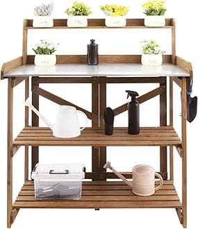 Ketive Folding Potting Bench Table,Outdoor Potting Bench Garden Wooden Potting Table,Fir Wood Workstation Planting Table with Galvanized Tabletop,2 Tier Storage Shelves,Top Shelf(Brown)
