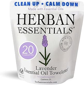 Lavender Wipes & Towelettes - Essential Oil Wipes for Make Up, Hands, Face & Body - Travel Size Essentials and Toiletries - Natural, Individually Wrapped and Disposable (20 count)