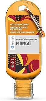 Palm Safe Mango 60ml Anti Bacterial Premium Hand Sanitiser Travel Size Refillable Clip Bottle Quick Drying Non Sticky Extra Moisturising Kills 99.9% of Viruses and Bacteria