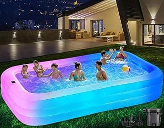 Large Solar Inflatable Pool with Lights, 130"x72"x22" Blow-Up Kiddie Pool with Air PUM, 7 Color Changed Family Swimming Pool for Backyard, Outdoor