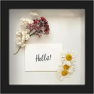 FrameWorks 8” x 8” Black Wooden Shadow Box Frame – Display Case with Soft Felt Back, Memory Box with Tempered Glass, Display Box with Elegant White Ball Push Pins, Wooden Flower Box