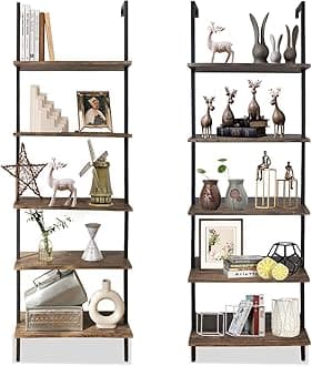 aboxoo Ladder Shelf 2PCS Open Bookshelf 5-Tier Wall-Mounted Wood Bookcase Rack Open Back Industrial Modern Plant Flower Stand Utility OrganizerMetal Frame Furniture Office Kitchen Bedroom (Brown)