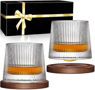 Whiskey Glasses Set of 2, Rotatable Tumbler Crystal Glass Cups, Drinking Glasses with 2Pcs Creative Walnut Coasters and Gift Box - for Scotch,Bourbon,Cocktails