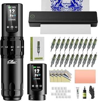 Filter Tattoo Stencil Printer Kit - Printer Machine with 7 Strokes 2.0-4.0mm Tattoo Gun Machine, Extra 1600mAh Power Supply, 20Pcs Tattoo Cartridge Needles for Beginners and Artists