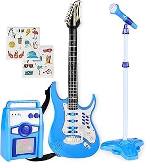 Best Choice Products Toy Kids Guitar Play Set Bundle, Pretend Play Toddler Electric Guitar Kit with Interactive Microphone, Amp, Whammy Bar, 6 Demo Songs and 2 Sticker Sheets - Electric Blue