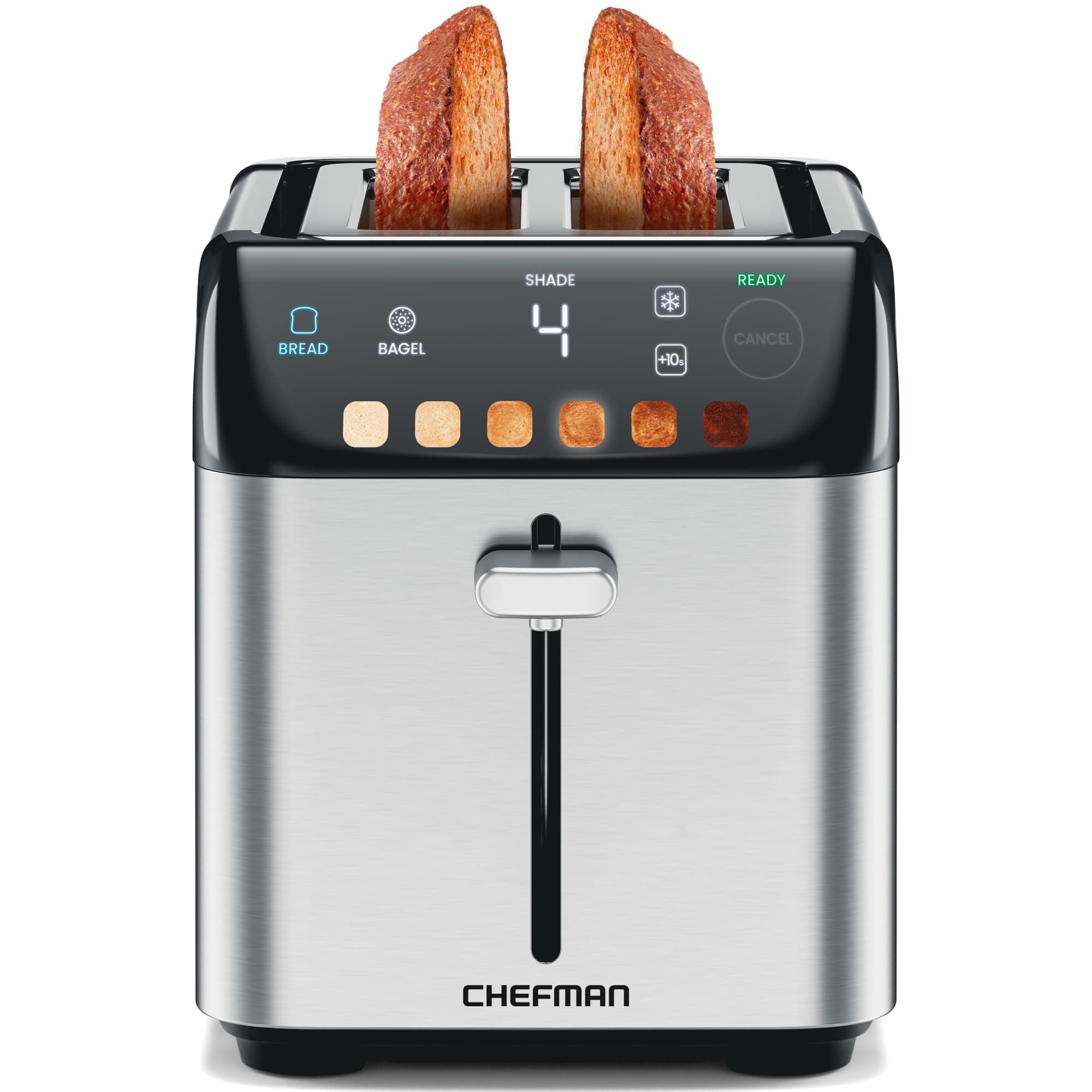 Chefman Smart Touch 2 Slice Digital Toaster, 6 Shade Settings, Stainless Steel Toaster 2 Slice with Extra-Wide Slots, Thick Bread Toaster and Bagel Toaster, 10, Defrost, Removable Crumb Tray