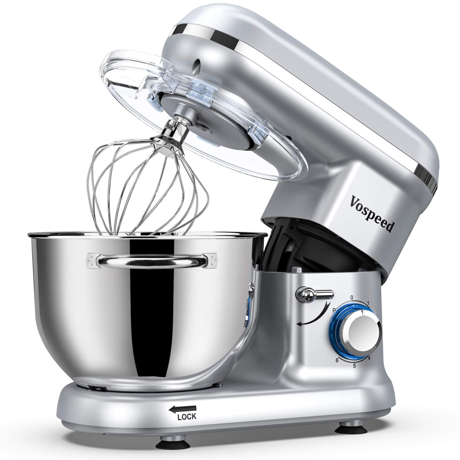 Stand Mixer, Vospeed Food Mixer Dough Blender, 6.2L Electric Cake Mixer with Bowl, Beater, Hook, Whisk, Egg Separator & Silicone Spatula, Dishwasher Safe (Silver)