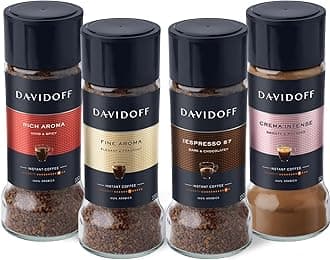 DavidoffInstant Coffee Quartet - Rich Aroma, Fine Aroma, Espresso 57 and Crema Intense Bundle - 100% Arabica Beans - Rich Spice, Delicate Florals, Deep Chocolate, and Velvety Foam, 4 x 3.52 oz