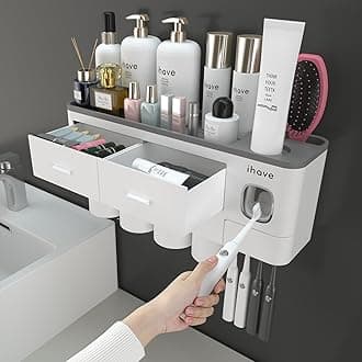 iHave Toothbrush Holder for Bathroom, 4 Cups Toothbrush Holder Wall Mounted with Toothpaste Dispenser - Large Capacity Tray, 2 Cosmetic Drawer - Bathroom Storage & Organisation