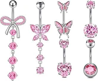 Belly Button Ring Surgical Stainless Steel Belly Button Rings for Women Pink Piercing Jewelry Dangling Belly Ring Pack